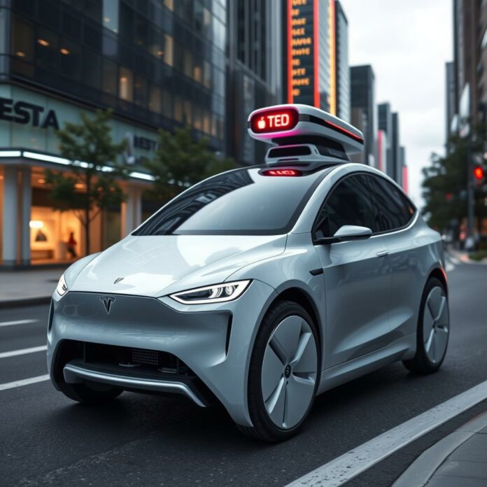 Tesla Robotaxi autonome dans une ville futuriste