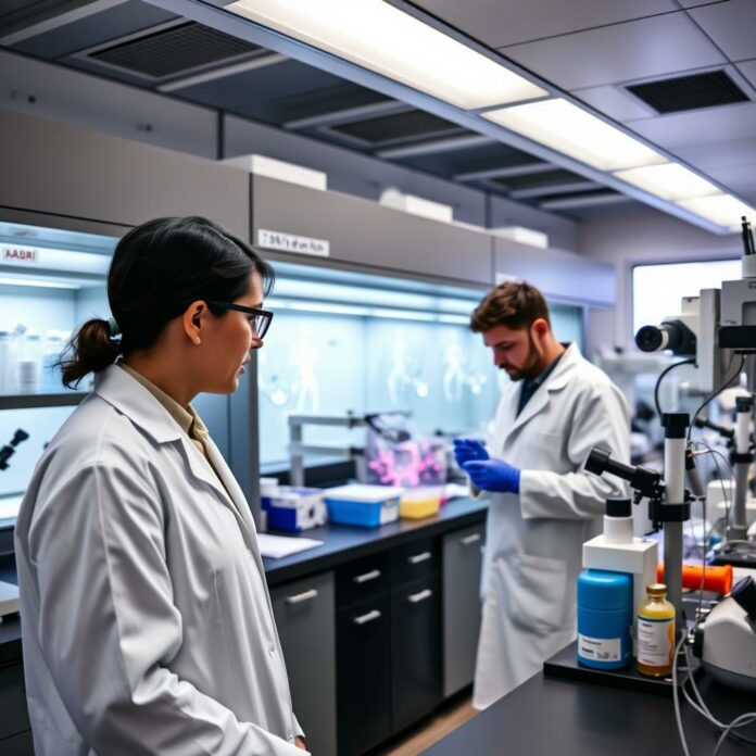 Laboratoire de recherche sur le cancer avec scientifiques travaillant sur l'immunothérapie