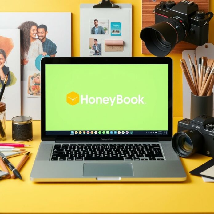HoneyBook software interface on a laptop with creative professional tools around