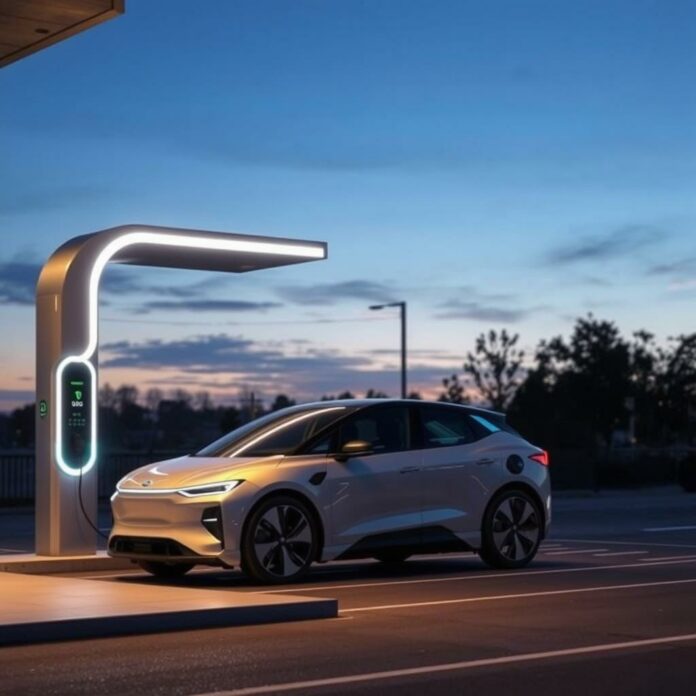 Véhicule électrique futuriste en charge