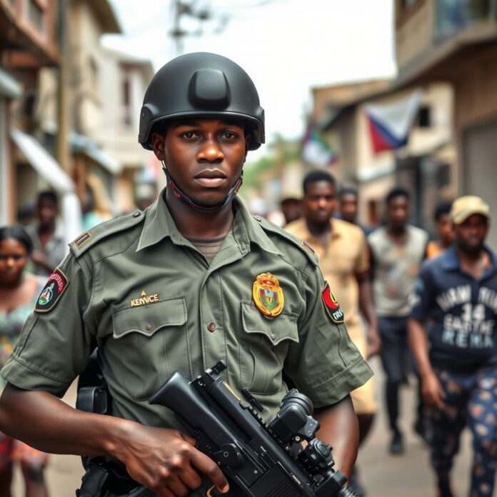 Officier kényan en patrouille en Haïti