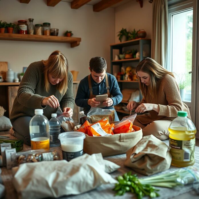 Famille préparant un kit d'urgence selon les recommandations de l'UE