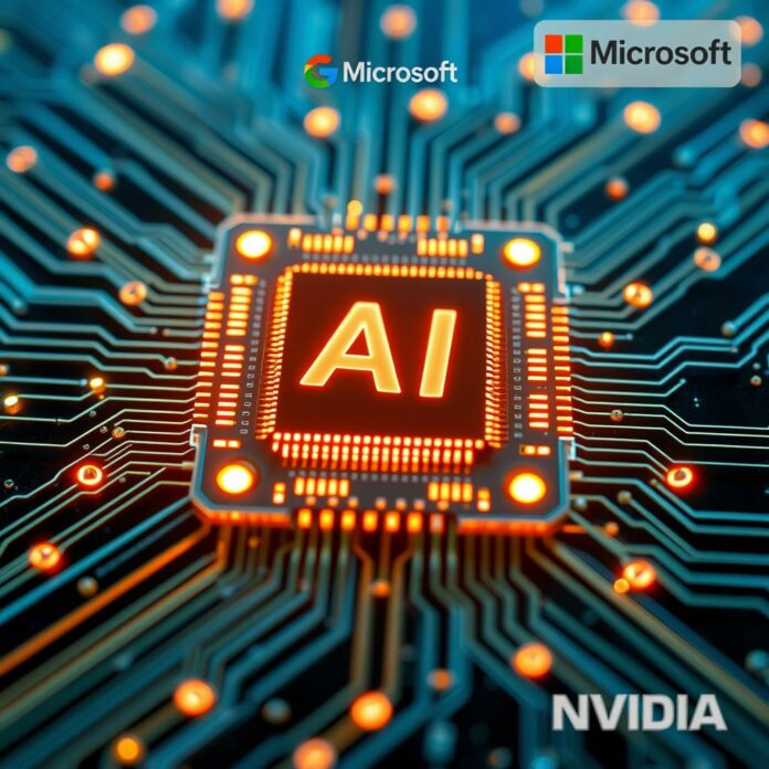 Puces d'intelligence artificielle futuristes avec circuits lumineux