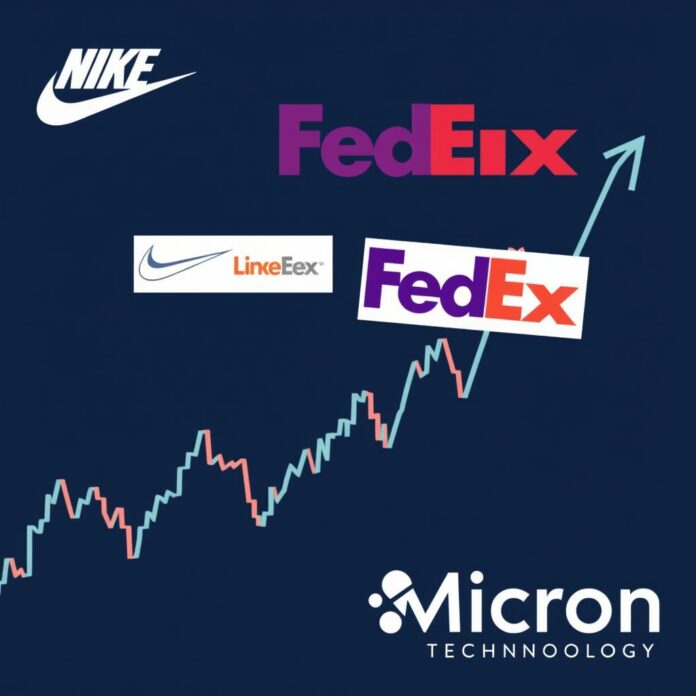 Graphique des mouvements boursiers avec logos de Nike, FedEx et Micron Technology