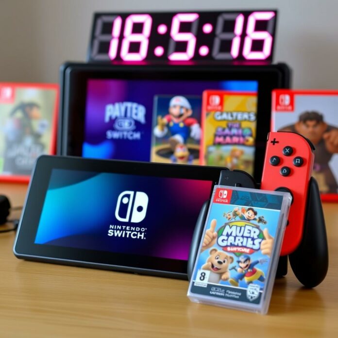 Nintendo Switch et cartouches de jeu avec compte à rebours
