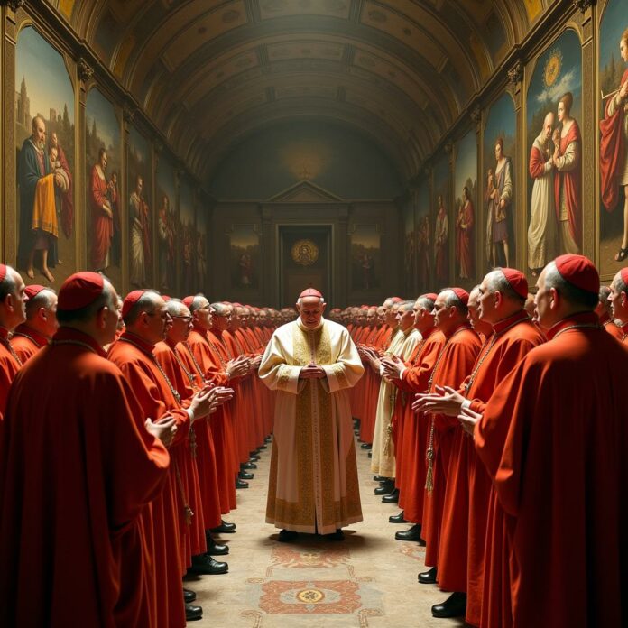 Cardinals in the Sistine Chapel during a papal conclave