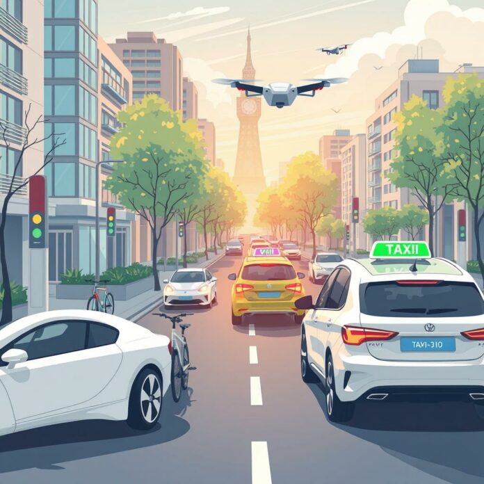 Mobilité urbaine futuriste avec véhicules autonomes et électriques