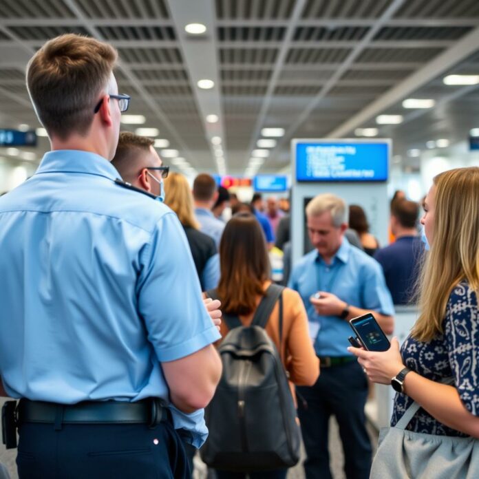 Airport security checkpoint with travelers and TSA officers