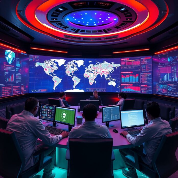 Centre de commande de cybersécurité avec analystes surveillant les menaces globales