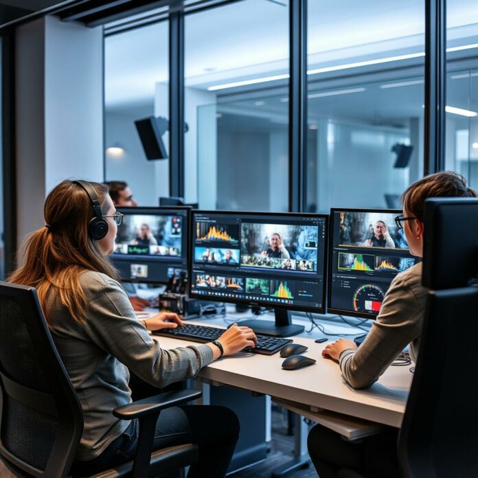 Équipe utilisant un logiciel d'édition vidéo IA pour créer des contenus percutants