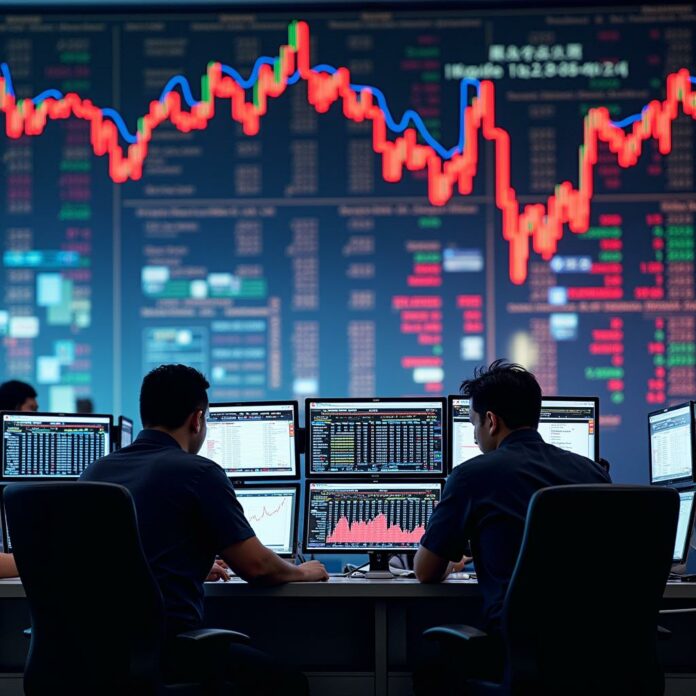 Traders analyzing Chinese tech stocks performance in a dynamic stock exchange setting