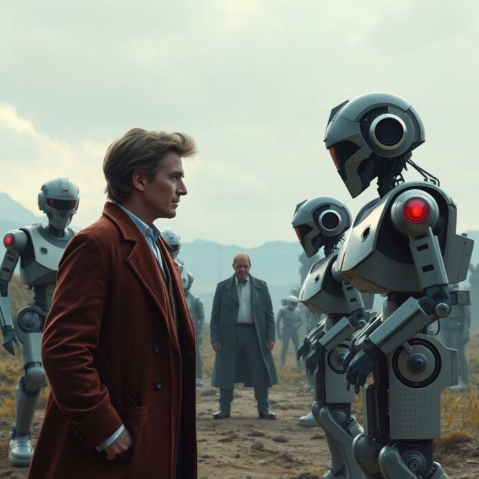 Doctor Who affrontant des robots dans un épisode de science-fiction
