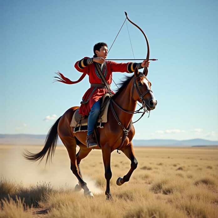 Jeune archer mongol pratiquant l'archerie à cheval