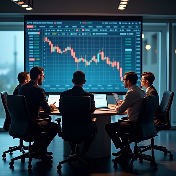 Executives analyzing stock market decline in a tech company boardroom
