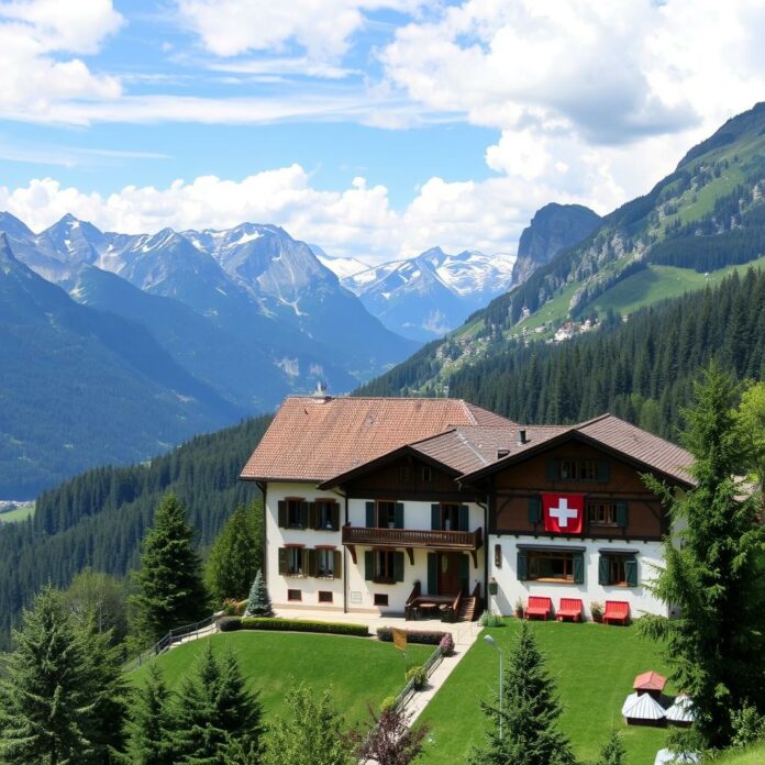 Banque suisse avec les Alpes en arrière-plan