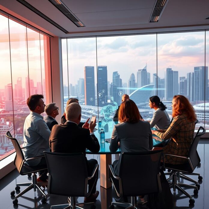 Leaders d'entreprise discutant de l'IA dans un cadre futuriste à Singapour