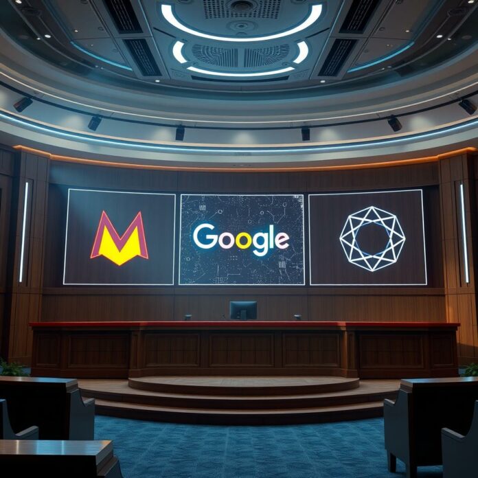 Procès antitrust des géants de la tech dans une salle d'audience futuriste