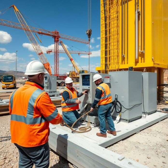 Ouvriers installant des équipements pour une batterie au lithium