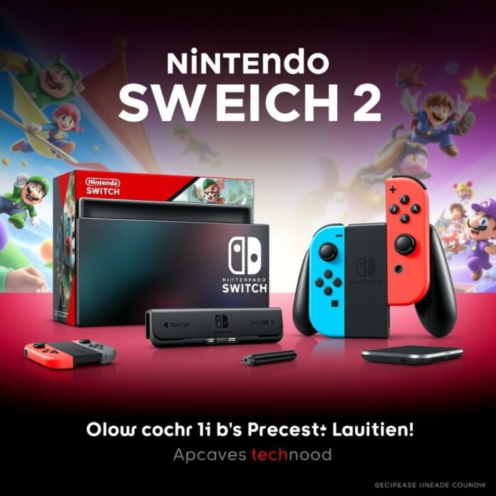 Nintendo Switch 2 et accessoires sur fond de jeu vidéo dynamique