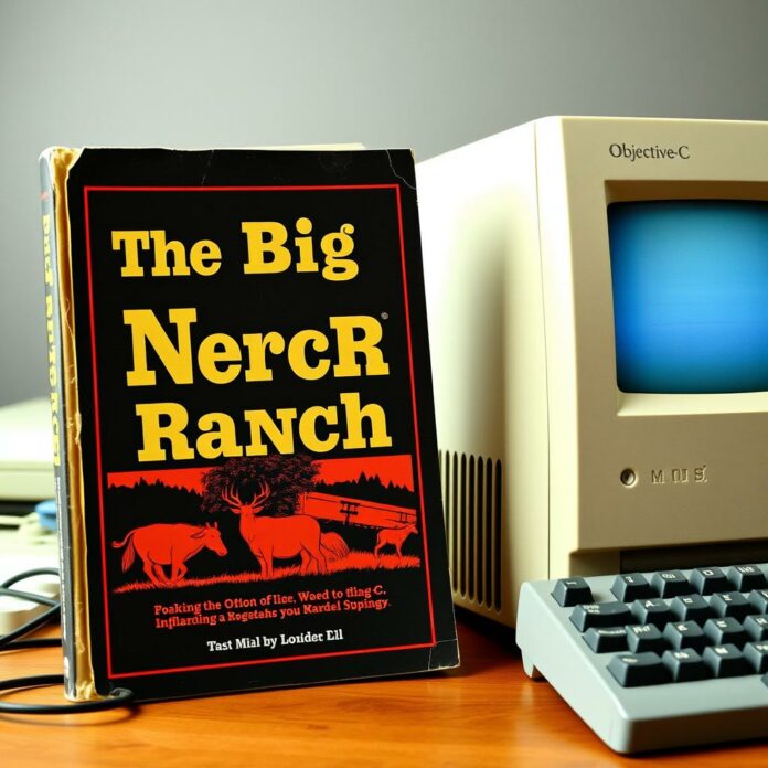 Vintage programming book and Mac computer symbolizing Objective-C's early days