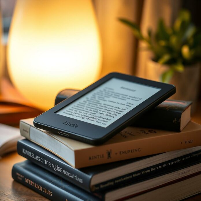 Kindle device on a pile of books