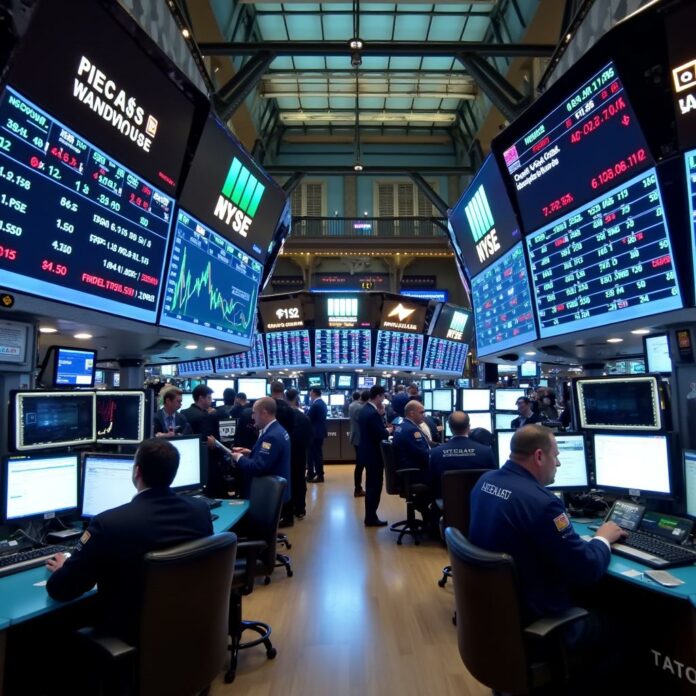 Stock exchange floor during midday trading with traders and digital stock price boards.