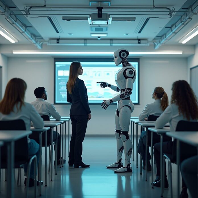 Salle de classe futuriste avec IA enseignant aux étudiants
