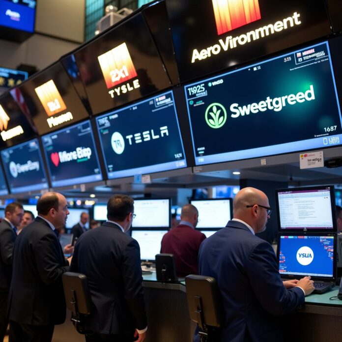 Stock exchange floor with traders and screens displaying company logos