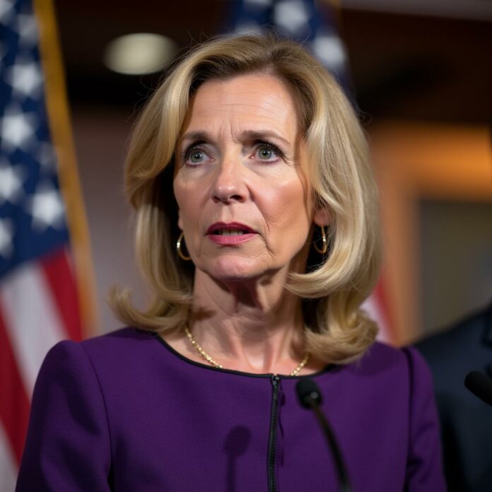 Senator Marsha Blackburn discussing AI regulation at a press conference